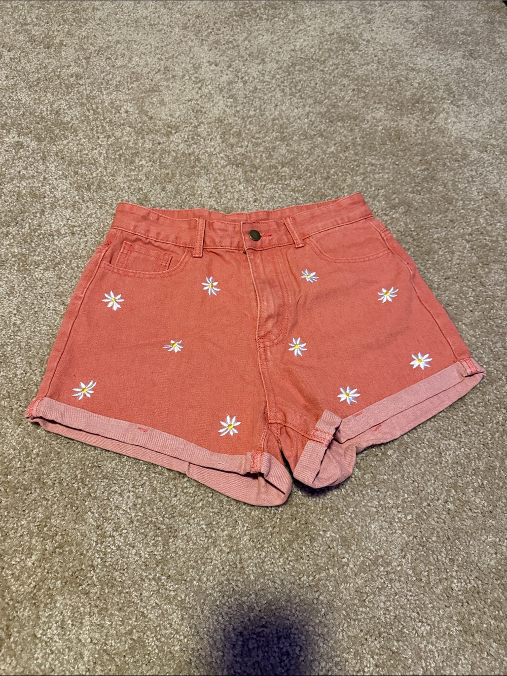 SHEIN Coral Daisy Embroidered Jean Shorts